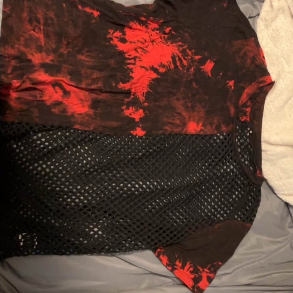 Red and Black Tie-Dye Mesh Women's Top